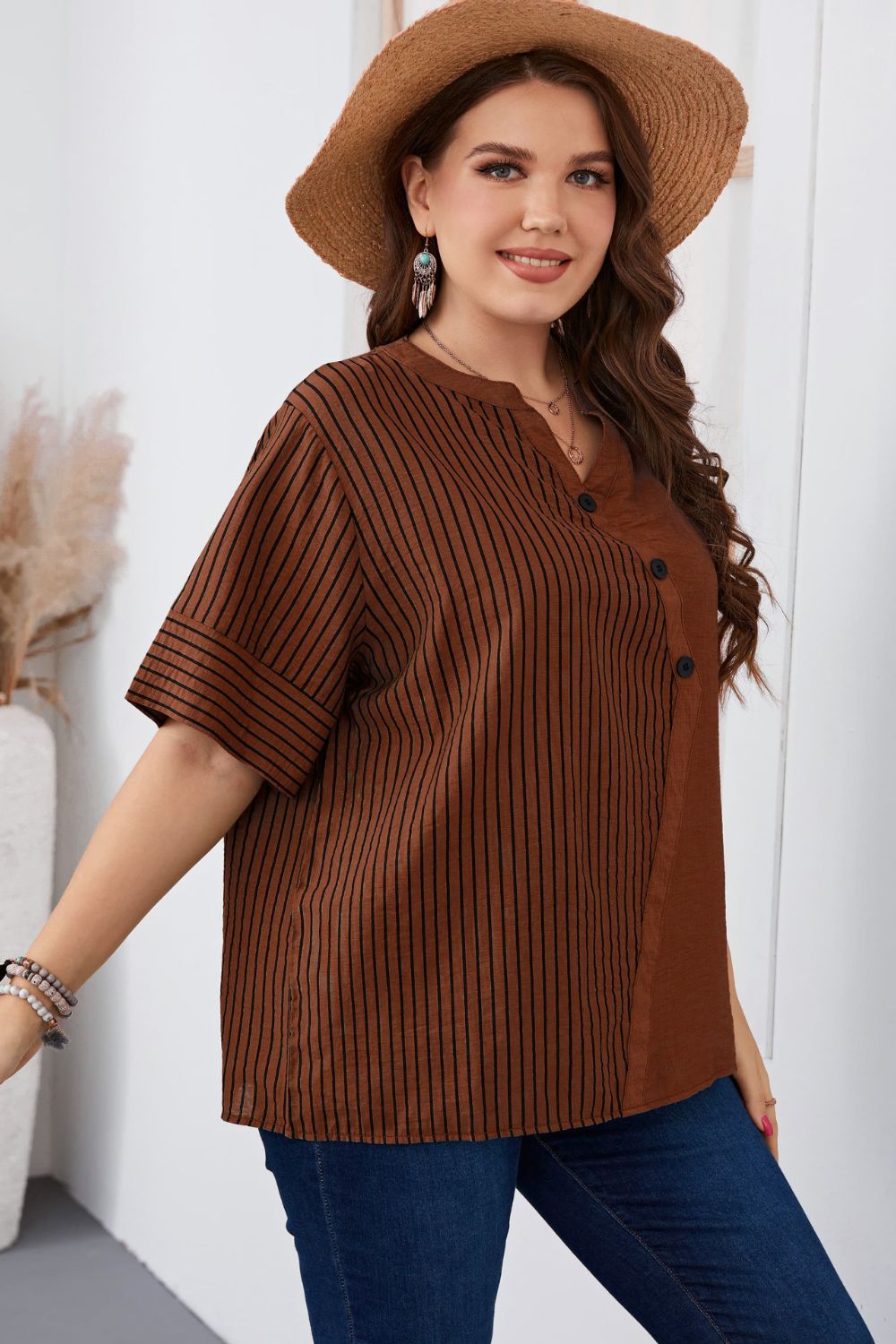 Plus Size Striped Notched Neck Half Sleeve Top-Jewearrings