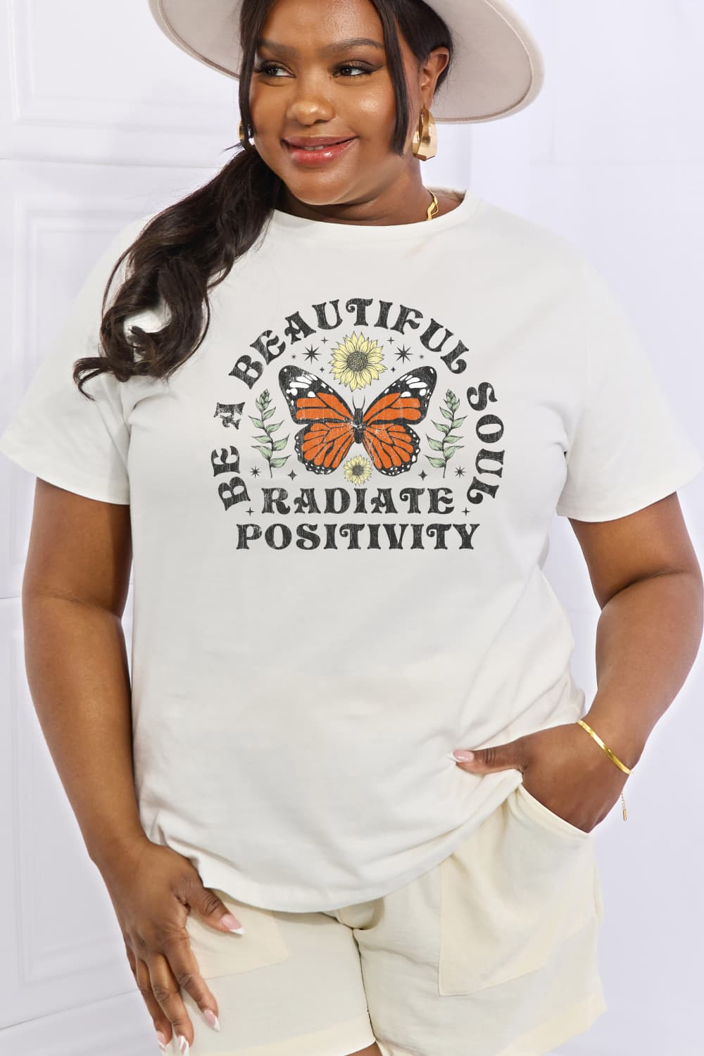 Simply Love Full Size BE A BEAUTIFUL SOUL RADIATE POSITIVITY Graphic Cotton Tee-Jewearrings