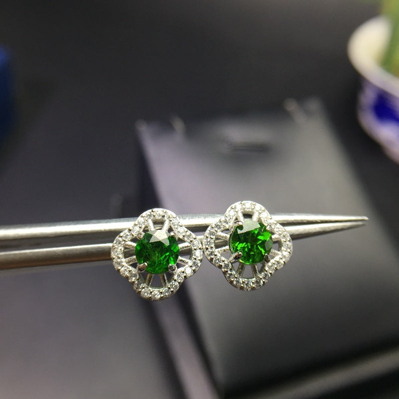 925 Silver Inlaid Diopside Emerald Stud Earrings-Jewearrings