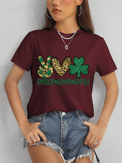 PEACE LOVE IRISH Round Neck Short Sleeve T-Shirt-Jewearrings