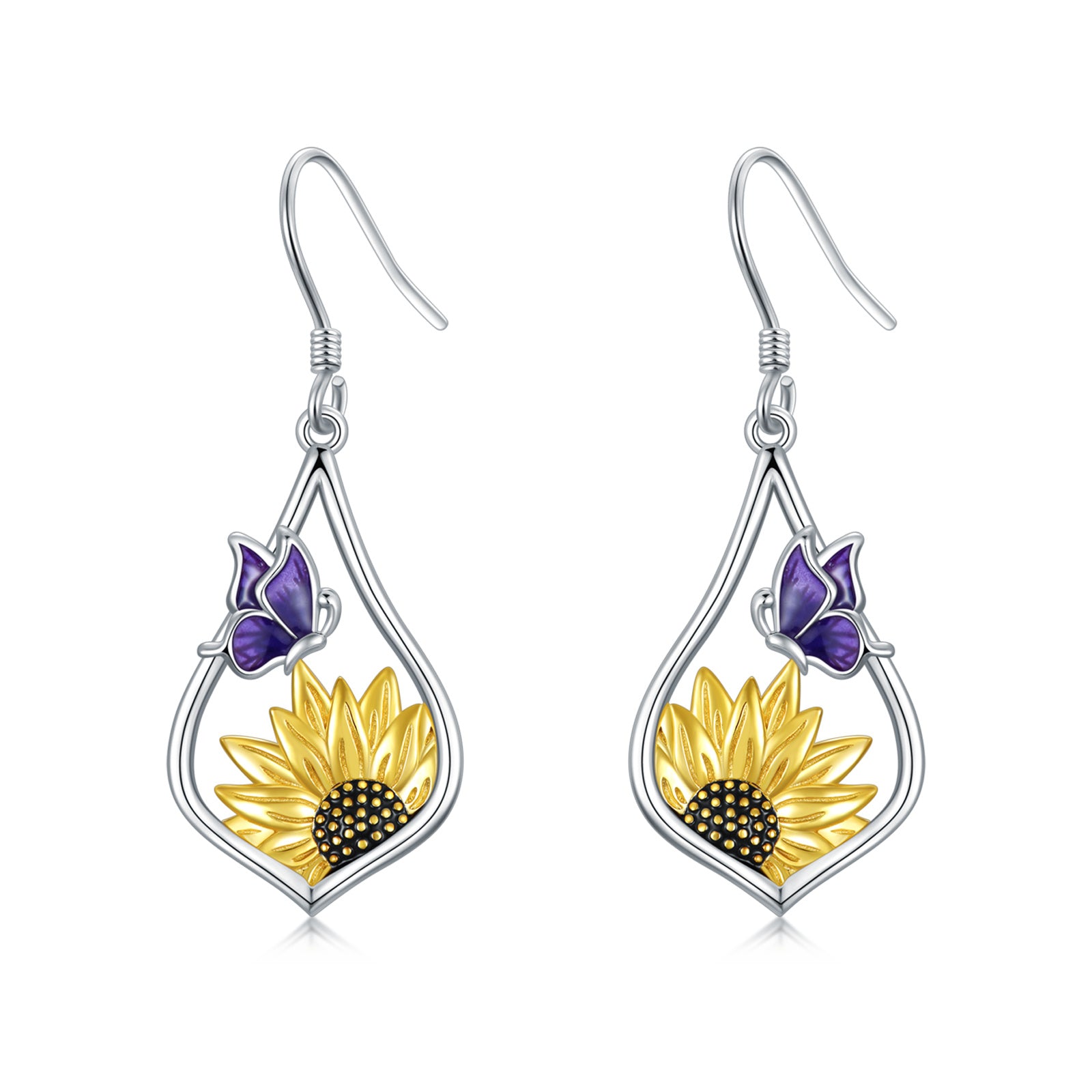 Sterling Silver Sunflower Dangle Earrings with Purple Butterfly Gift for Women-Jewearrings