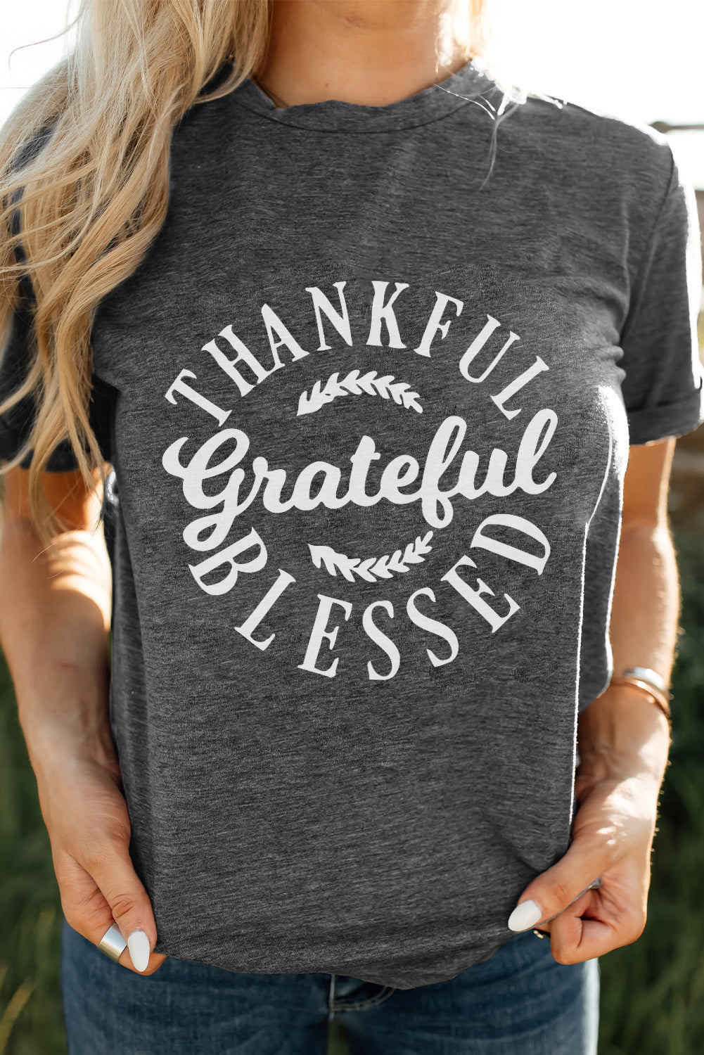 THANKFUL GRATEFUL BLESSED Graphic Crewneck Tee-Jewearrings