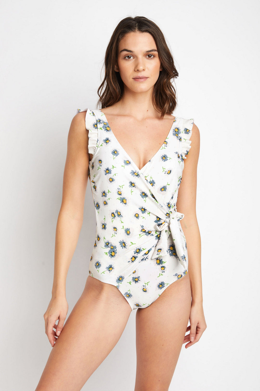 Marina West Swim Float On Ruffle Faux Wrap One-Piece in Daisy Cream-Jewearrings