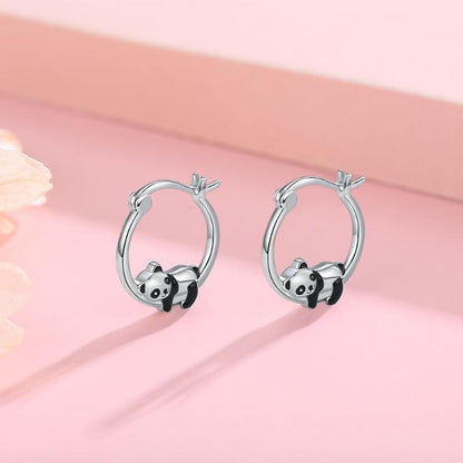 Sterling Silver Panda Small Animal Hug Hoop Earrings For Sensitive Ears Silver Earrings-Jewearrings