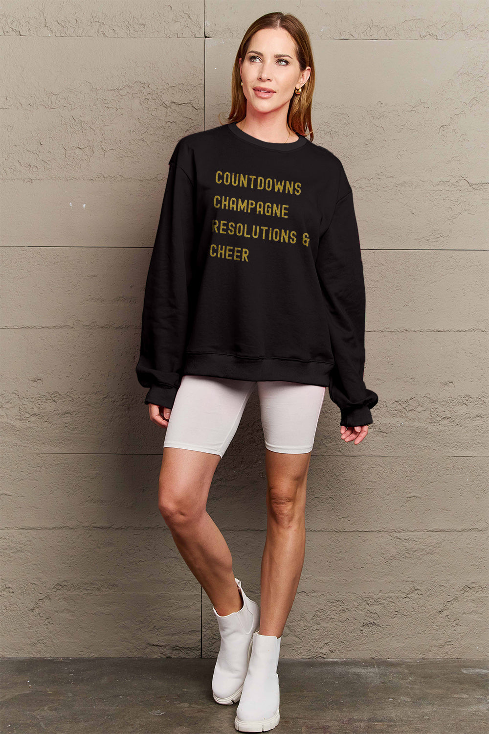 Simply Love Full Size COUNTDOWNS CHAMPAGNE RESOLUTIONS & CHEER Round Neck Sweatshirt-Jewearrings