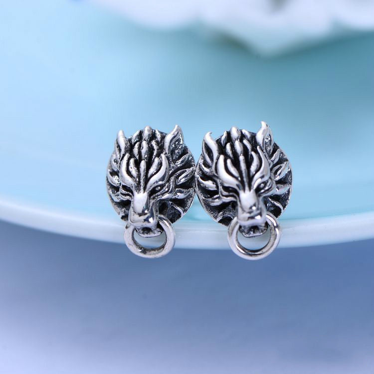 Retro Thai Silver Personality Wolf Head Men's Stud Earrings-Jewearrings