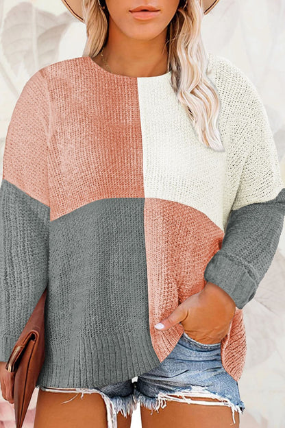 Plus Size Color Block Round Neck Sweater-Jewearrings