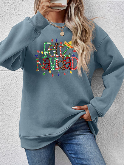 FELIZ NAVIDAD Round Neck Drop Shoulder Sweatshirt-Jewearrings