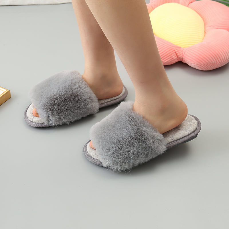 Faux Fur Open Toe Slippers-Jewearrings