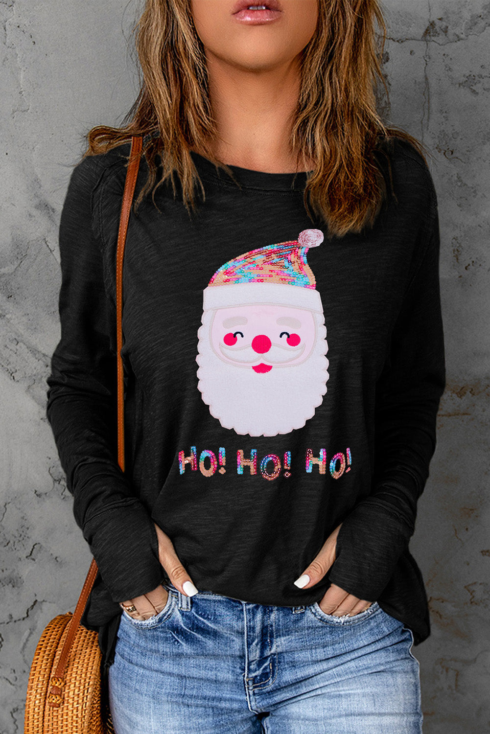 Sequin Santa Round Neck Long Sleeve T-Shirt-Jewearrings