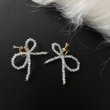 Sterling Silver Stitched Bright Crystal Bow Earrings-Jewearrings