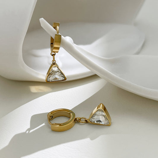 Women's Gold Triangle Zircon Drop Hoop Earrings-Jewearrings