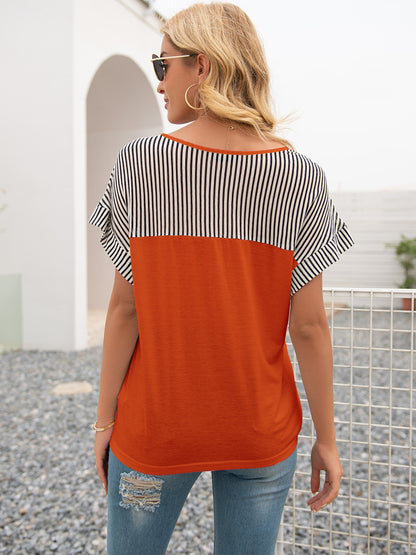 Striped V-Neck Short Sleeve T-Shirt-Jewearrings