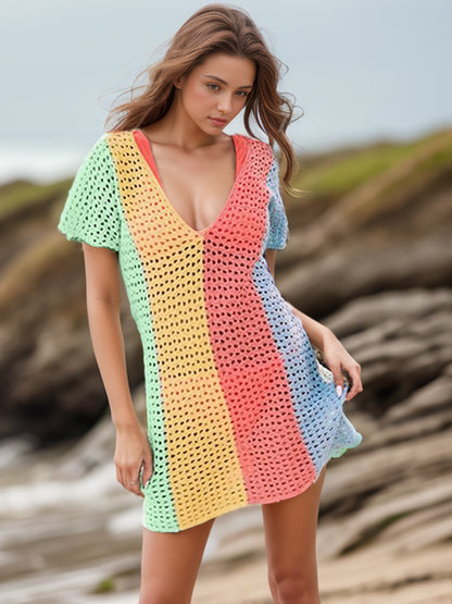 Openwork Color Block V-Neck Short Sleeve Cover-Up-Jewearrings