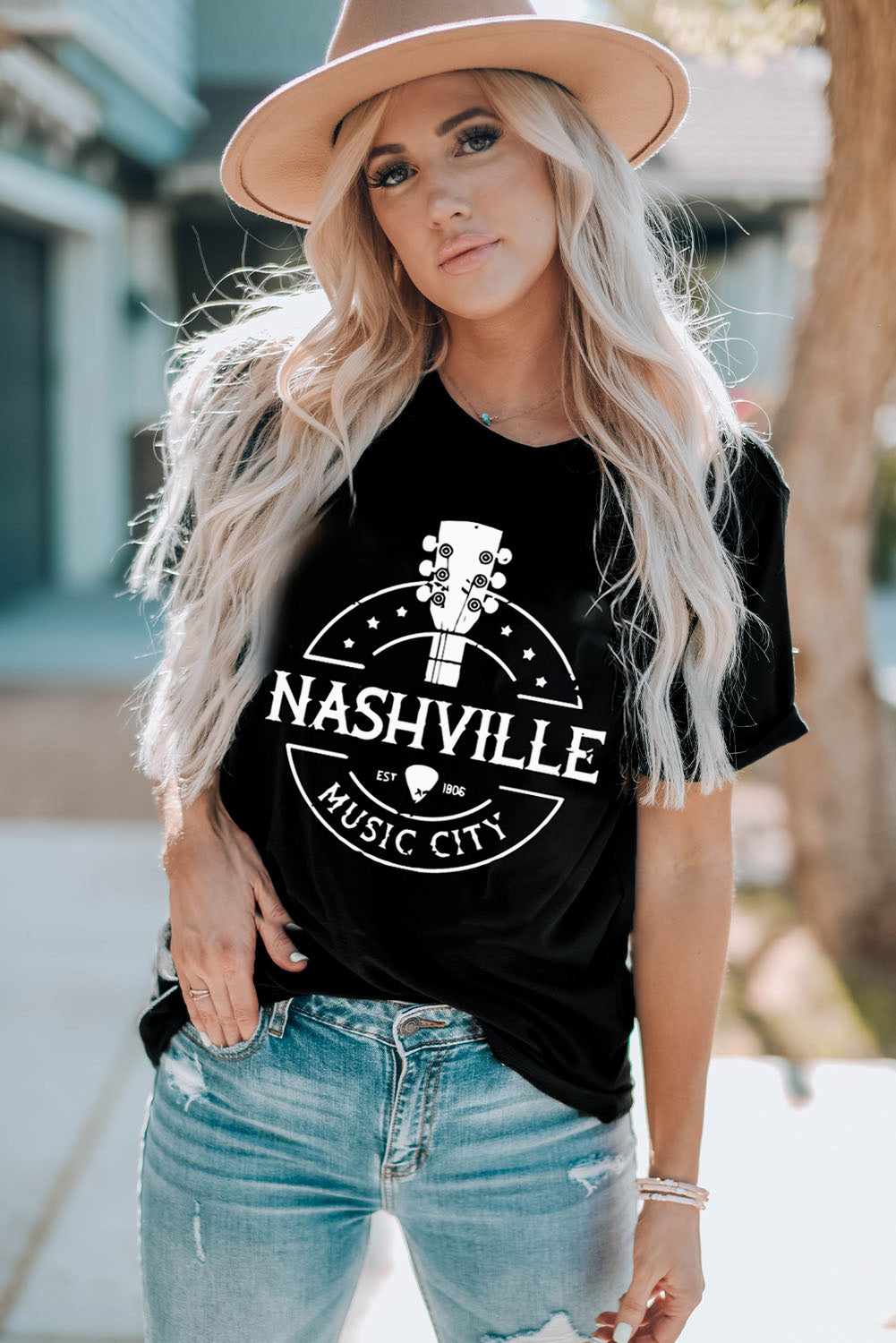 Western NASHVILLE MUSIC CITY Cuffed Graphic Tee Shirt-Jewearrings