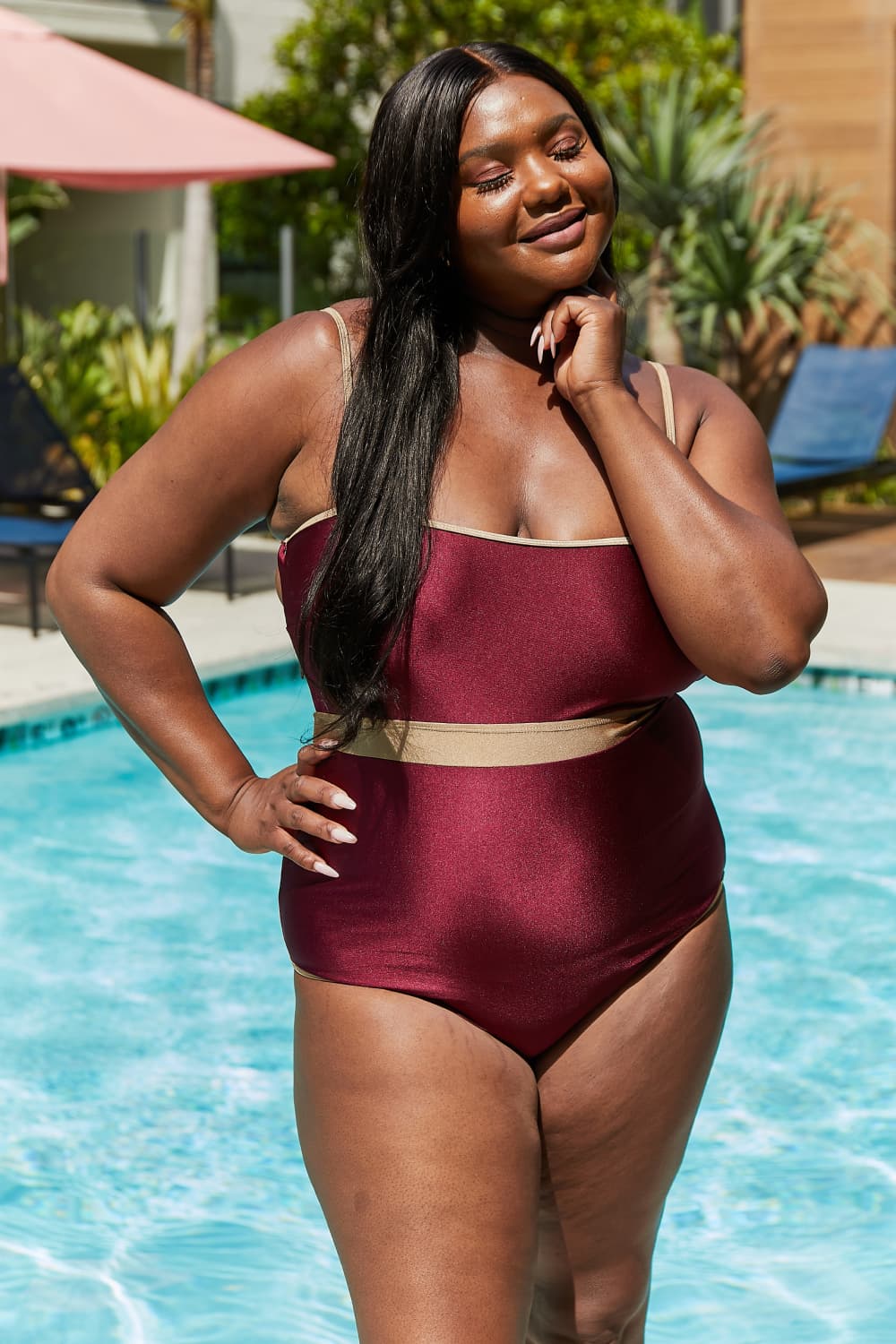 Marina West Swim Wave Break Contrast Trim One-Piece in Wine-Jewearrings