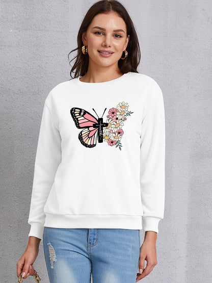 Butterfly Round Neck Dropped Shoulder Sweatshirt-Jewearrings