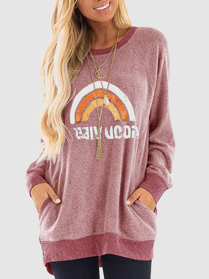 Rainbow Graphic Round Neck Sweatshirt with Pockets-Jewearrings