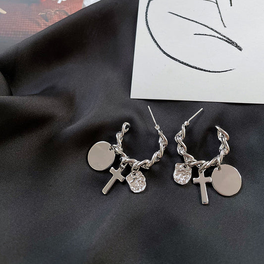 Trendy Hip-hop Cold Wind Silver Needle Cross Earrings-Jewearrings