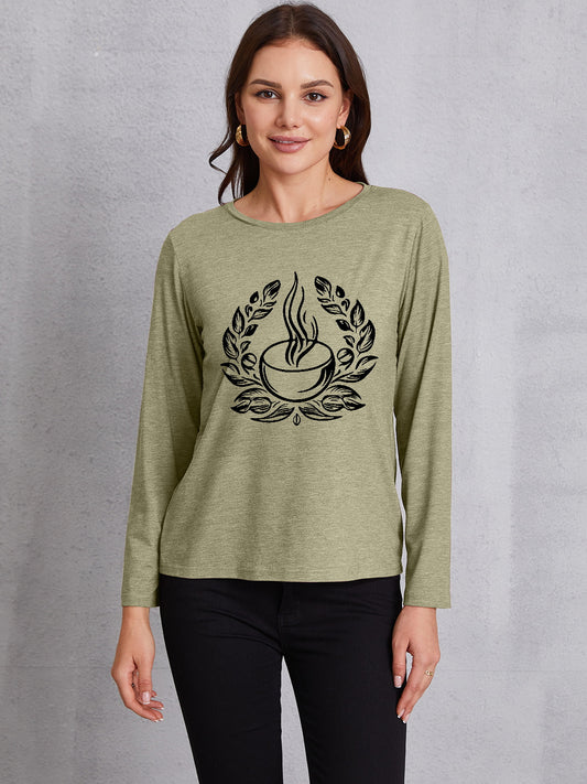 Coffee Graphic Round Neck Long Sleeve T-Shirt-Jewearrings