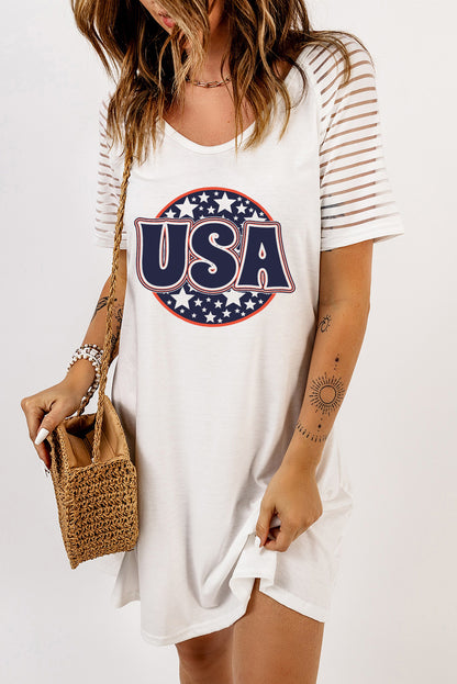 USA Sheer Striped Sleeve Tee Dress-Jewearrings