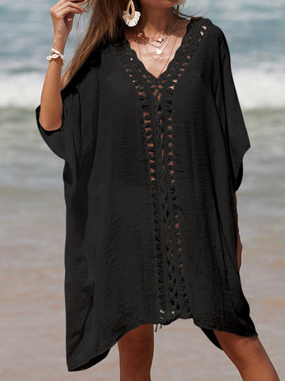 Cutout V-Neck Three-Quarter Sleeve Cover Up-Jewearrings