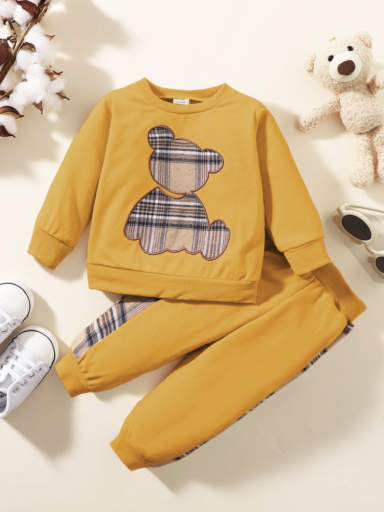 Plaid Bear Graphic Tee and Plaid Print Pants Kit-Jewearrings