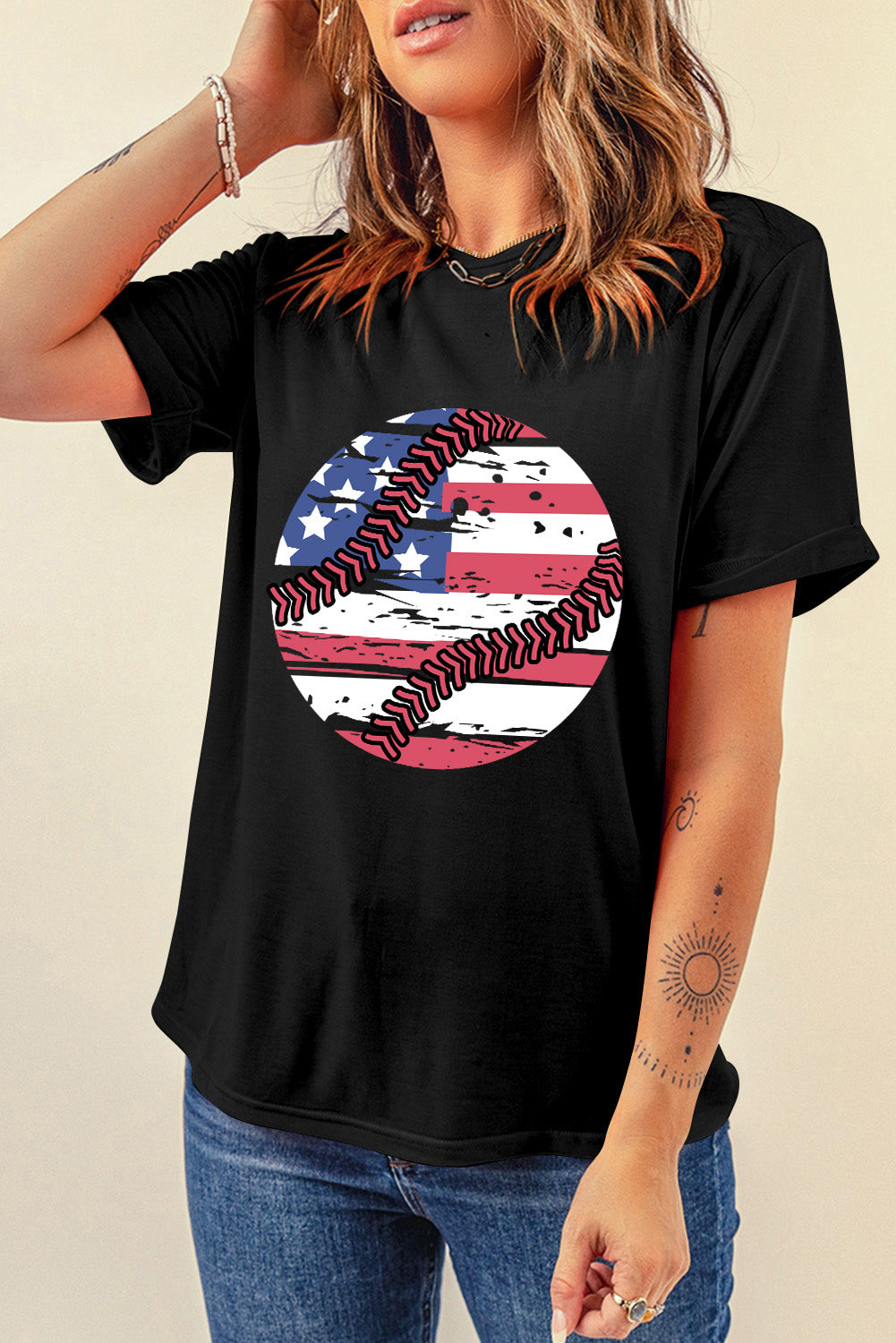 US Flag Round Neck Short Sleeve T-Shirt-Jewearrings