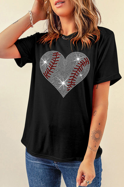 Rhinestone Heart Round Neck Short Sleeve T-Shirt-Jewearrings