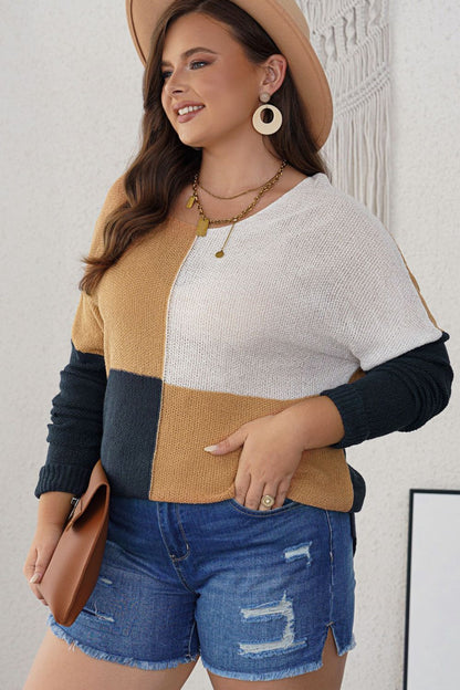 Plus Size Color Block Round Neck Sweater-Jewearrings