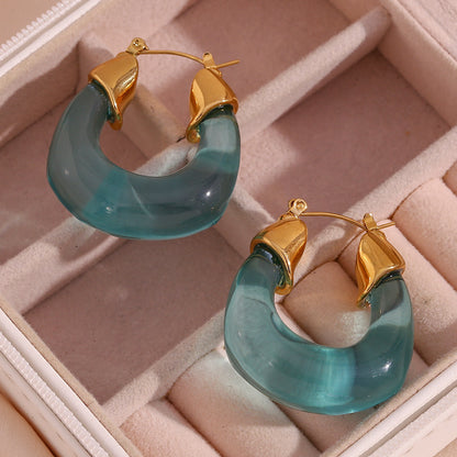 Retro Stainless Steel Exaggerated Acrylic Green U-shaped Earrings-Jewearrings