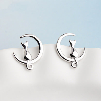 Moon Cat Sterling Silver Earrings Female-Jewearrings