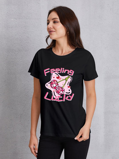 FEELING LUCKY Round Neck Short Sleeve T-Shirt-Jewearrings