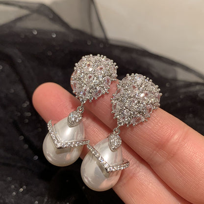 Super Sparkling Balloon S925 Silver Needle One Piece Dress Wave Elegant Drop Pearl Earrings-Jewearrings