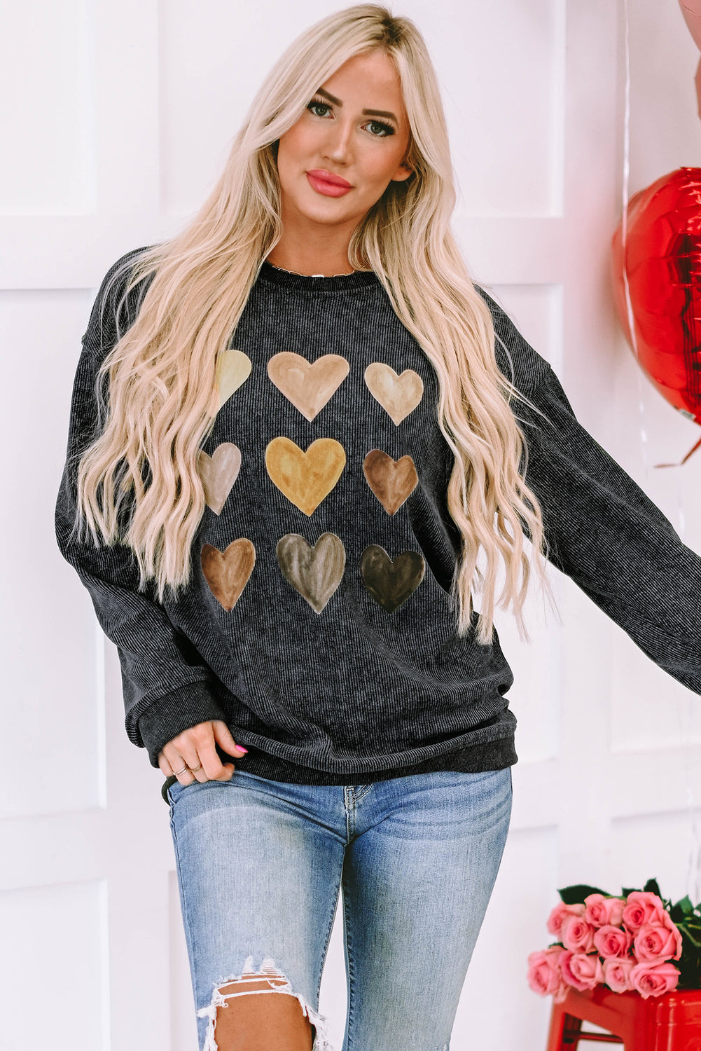 Heart Round Neck Dropped Shoulder Sweatshirt-Jewearrings