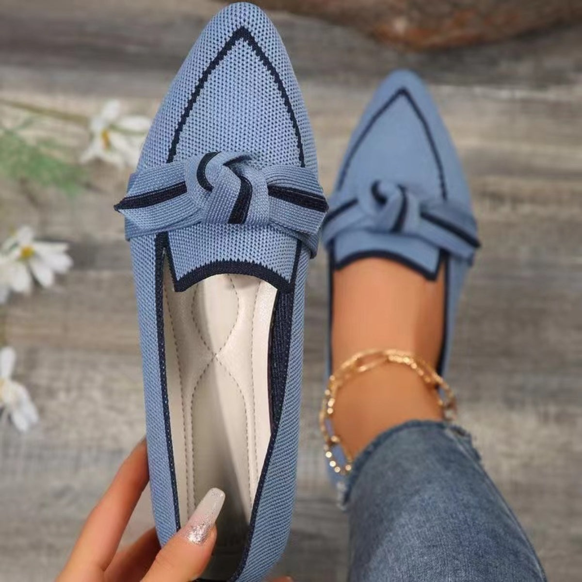 Bow Contrast Trim Point Toe Loafers-Jewearrings