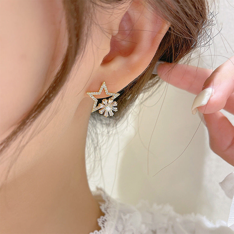 Silver Needle Rotatable Pentagram Stud Earrings Korean Temperament Light Luxury-Jewearrings