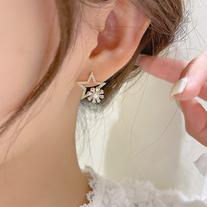 Silver Needle Rotatable Pentagram Stud Earrings Korean Temperament Light Luxury-Jewearrings