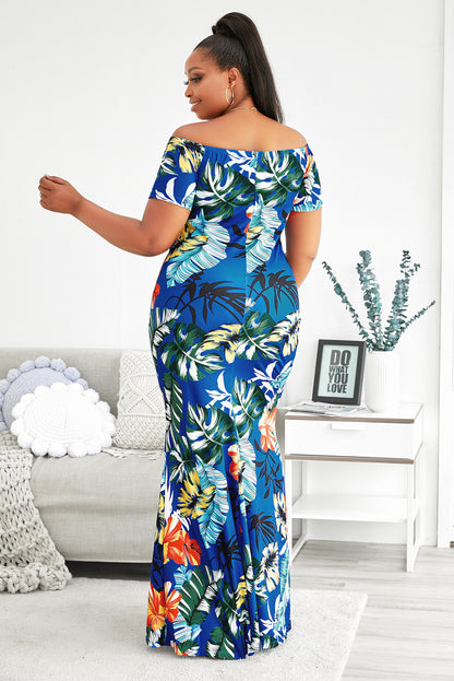 Plus Size Floral Off-Shoulder Short Sleeve Fishtail Dress-Jewearrings