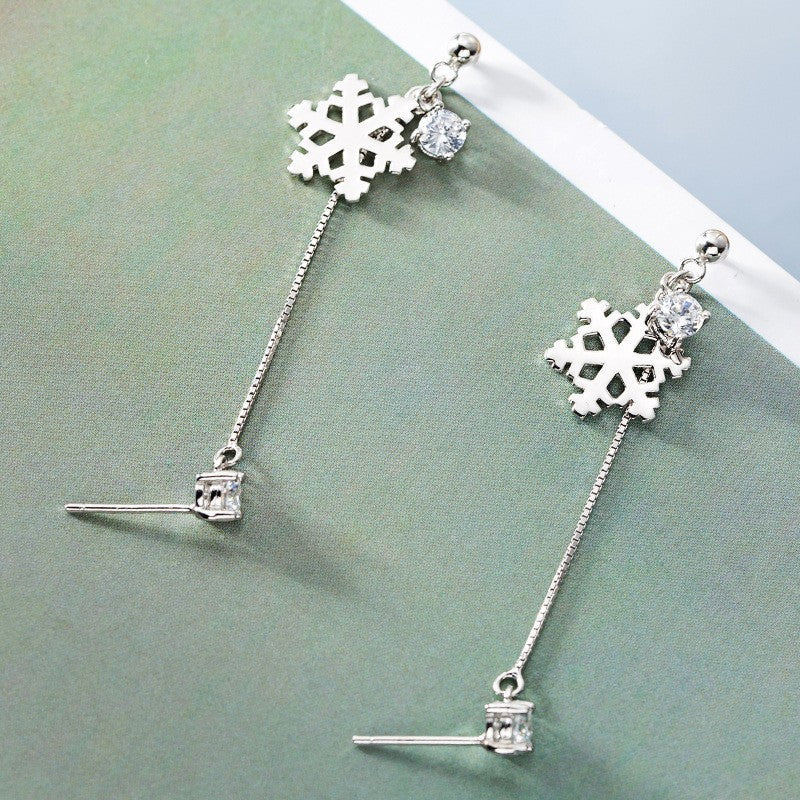 S925 Sterling Silver Earrings Female Snowflake Double Pierced Simple Personality-Jewearrings