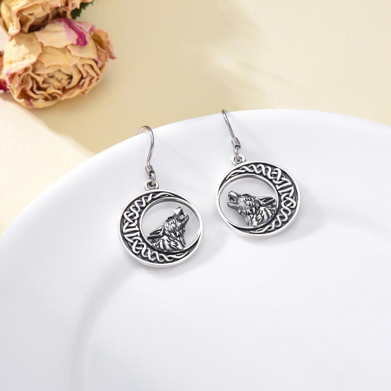 Wolf Celtic Moon Dangle Drop Earrings in Sterling Silver-Jewearrings