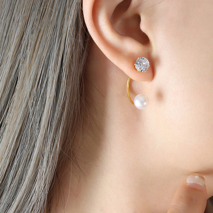 Women's Versatile Zirconia Sparkling Pearl Drop C-shaped Earrings-Jewearrings