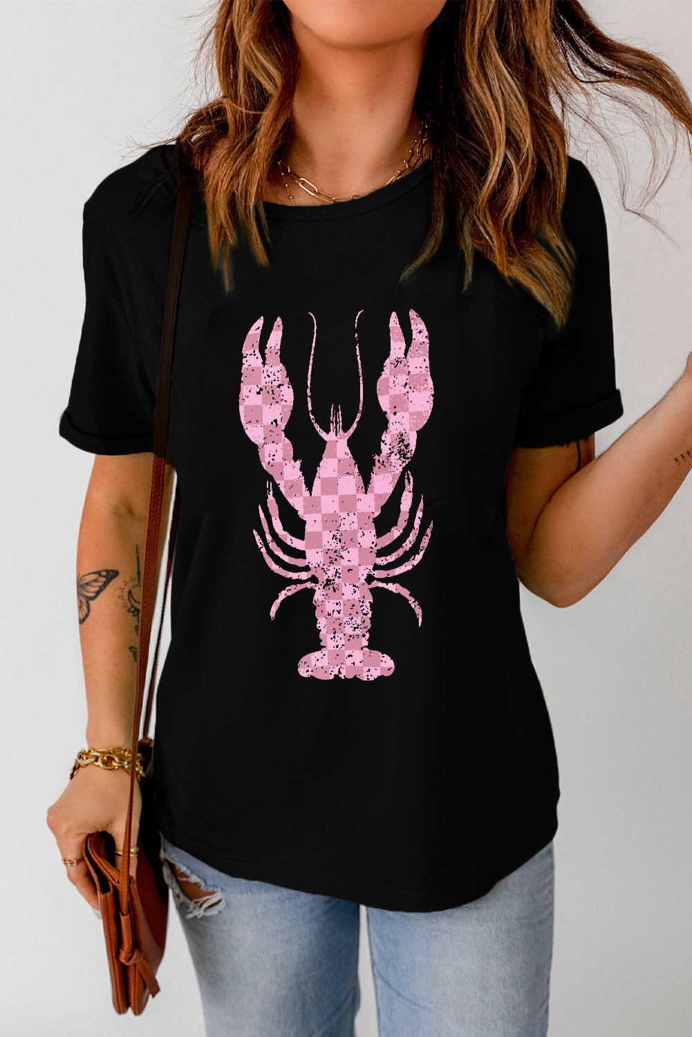 Checkered Lobster Graphic Round Neck Short Sleeve T-Shirt-Jewearrings