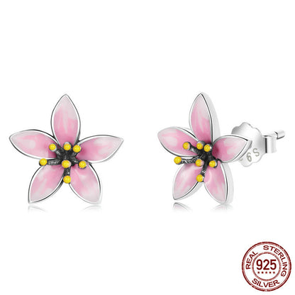 Fashion Cherry Blossom Sterling Silver S925 Stud Earrings Women's Oil Drops Flowers-Jewearrings