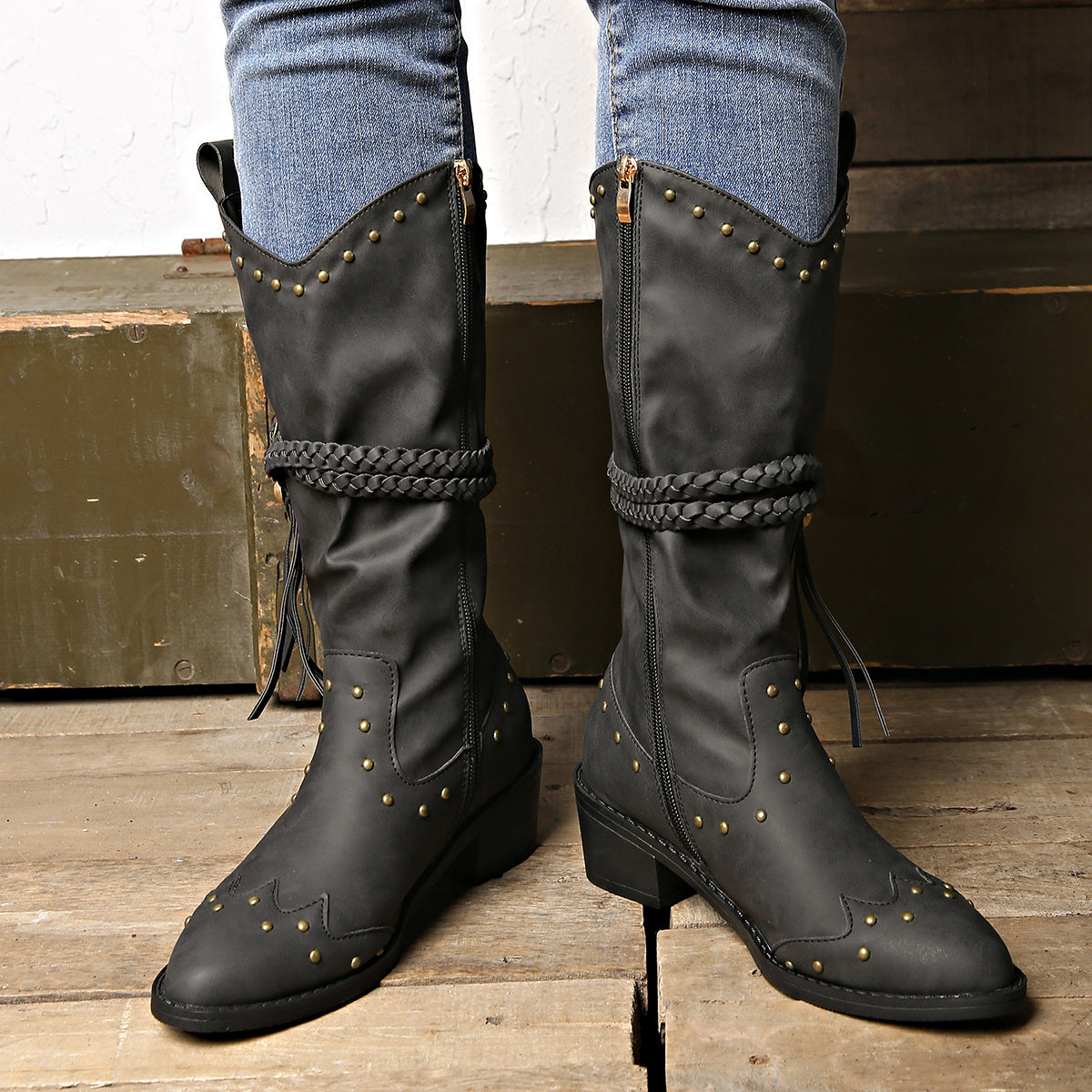 Studded PU Leather Block Heel Boots-Jewearrings