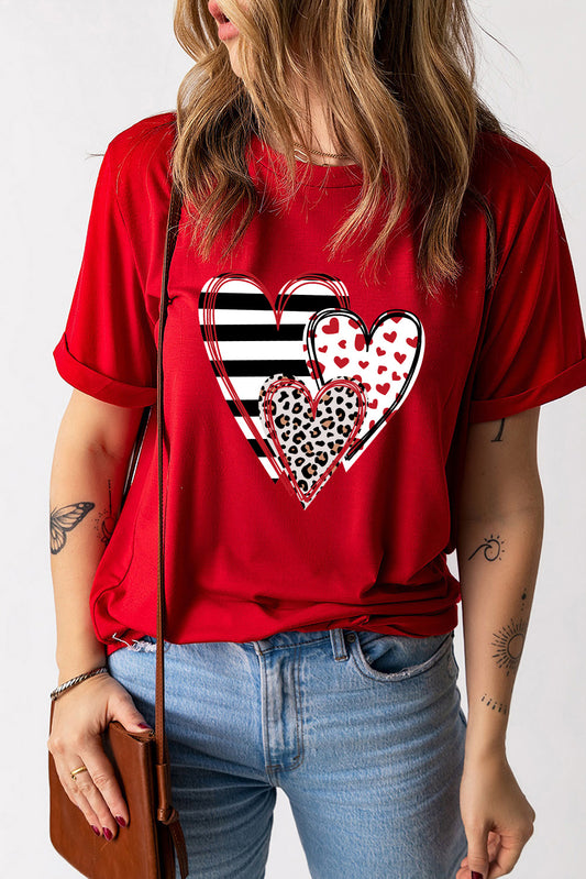 Heart Round Neck Short Sleeve T-Shirt-Jewearrings