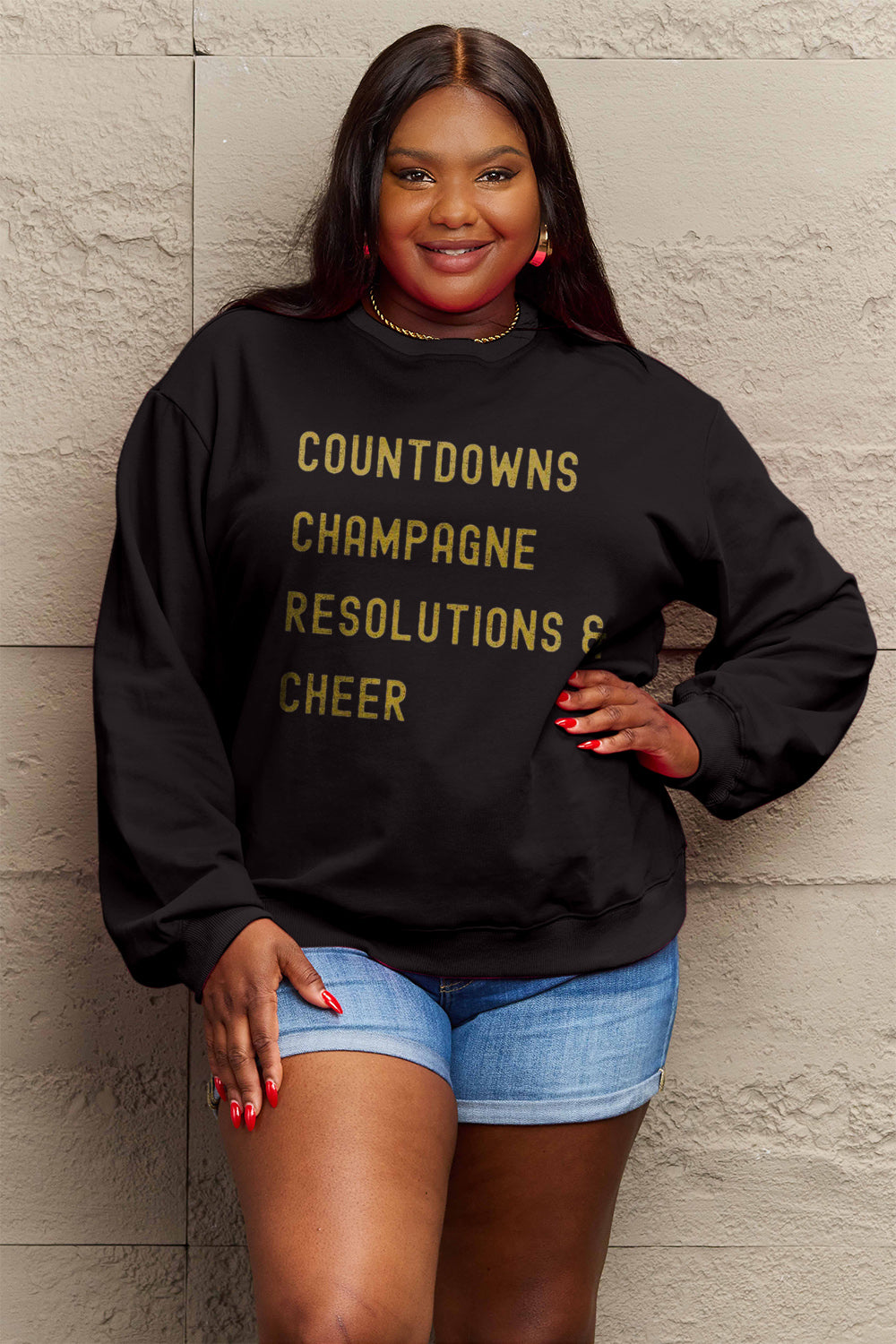 Simply Love Full Size COUNTDOWNS CHAMPAGNE RESOLUTIONS & CHEER Round Neck Sweatshirt-Jewearrings