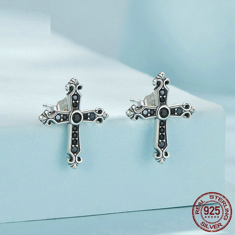 European And American Style Simple Black Vintage Cross Stud Earrings S925 Sterling Silver-Jewearrings