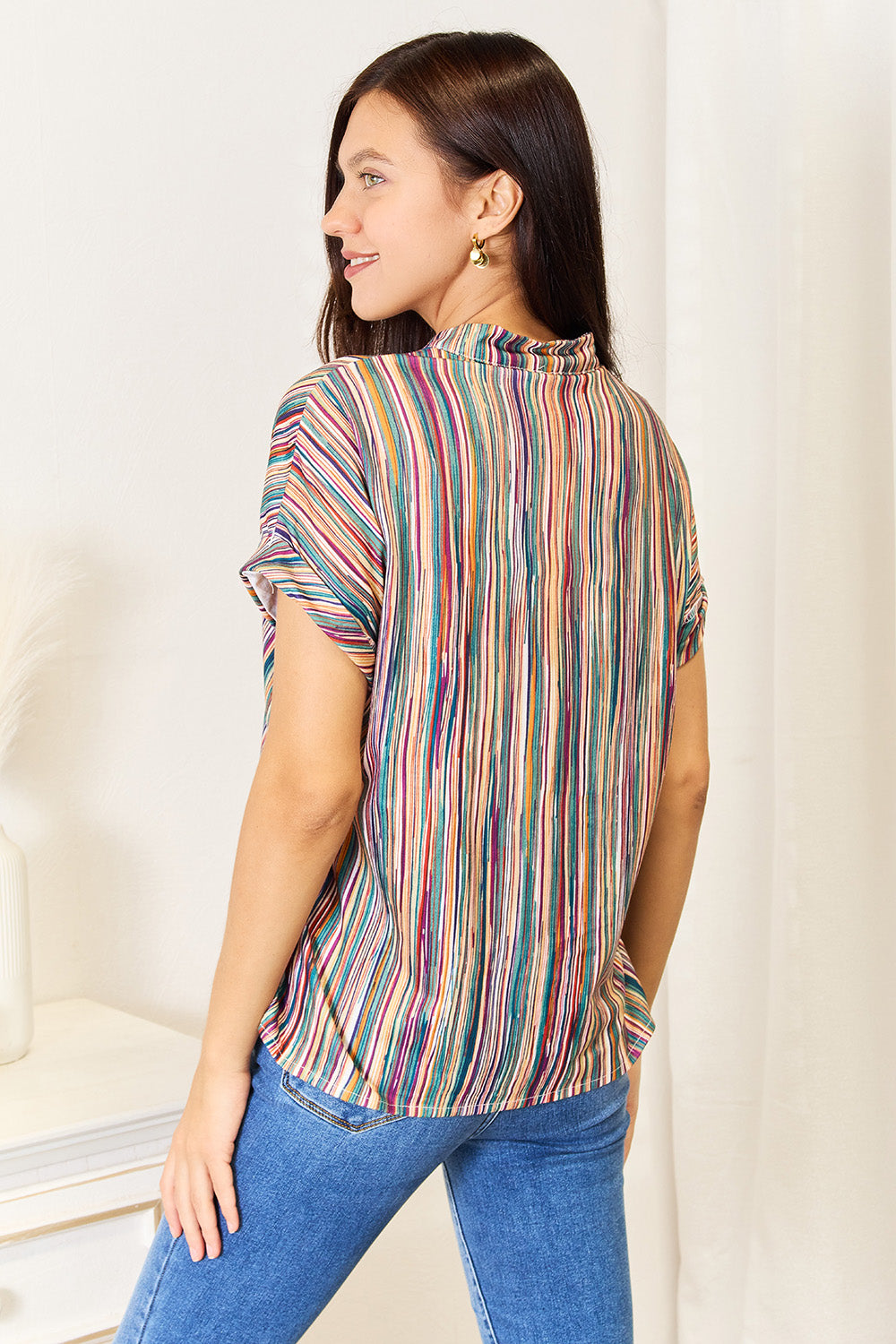 Multicolored Stripe Notched Neck Top-Jewearrings