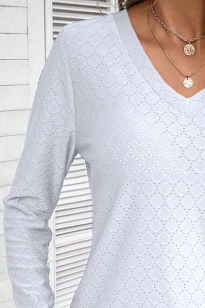 Eyelet V-Neck Long Sleeve T-Shirt-Jewearrings